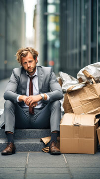 a poignant depiction of despair: a sorrowful individual seated on a sidewalk, surrounded by cardboard boxes and luggage, facing the aftermath of job loss. Ai Generated