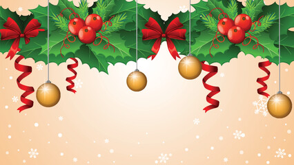 Festive Christmas Background with Holly and Ornaments