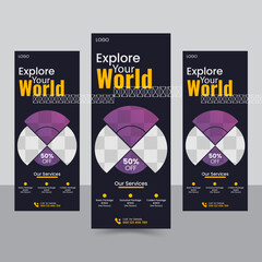 Travel vacation roll up banner design template for business or travel agency. Editable vector illustration