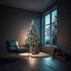 Interior of a cozy living room with a Christmas tree, generative AI.