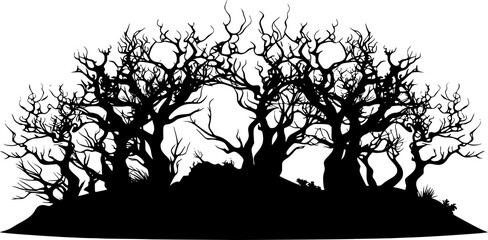 silhouette of deciduous forest with branches and twigs of trees without leaves  with transparant background 