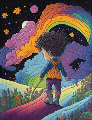 boy walking along the rainbow path, Generative AI