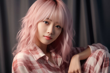 Fototapeta premium Nice suit with pattern of Scottish tartan plaid. Fashion girl wearing day and night dress plaid check pattern in grayish black, pink and sienna red. Generative AI.