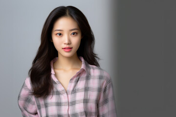 Fototapeta premium Nice suit with pattern of Scottish tartan plaid. Fashion girl wearing day and night dress plaid check pattern in grayish black, pink and sienna red. Generative AI.