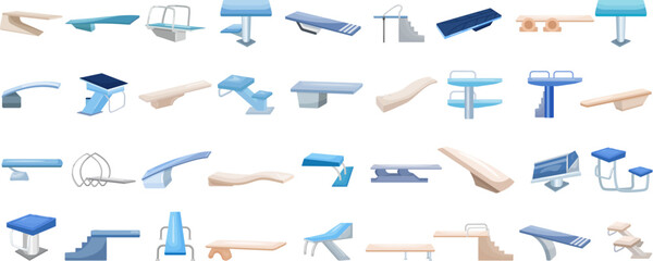 Diving board icons set cartoon vector. Sport pool. Female board