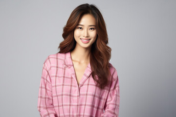 Obraz premium Nice suit with pattern of Scottish tartan plaid. Fashion girl wearing day and night dress plaid check pattern in grayish black, pink and sienna red. Generative AI.