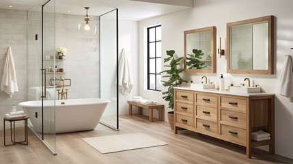 Spacious bathroom with a freestanding tub and glass shower, featuring wooden cabinets and white tile. - obrazy, fototapety, plakaty