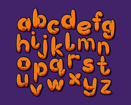 Bubble retro 90s street style typeset. Halloween colored graffiti lowcase letters. Flat vector outline colored characters. Hand drawn typeset in flat style.