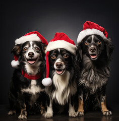 New Year vintage animal concept, a pet during the Christmas winter holidays. The holidays are coming, a group of dogs in Christmas Santa costumes.
