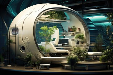 Green plants zone in the spaceship background.