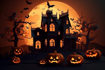 Fototapeta na wymiar Cartoon horror house with halloween pumpkins. Generative AI.