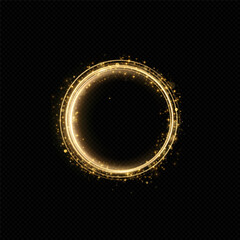 Abstract sparkling golden frame light effect on transparent background. Spark with ring glossy line.