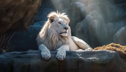 Naklejka premium The Lion king lying on the rock filling good and chilling