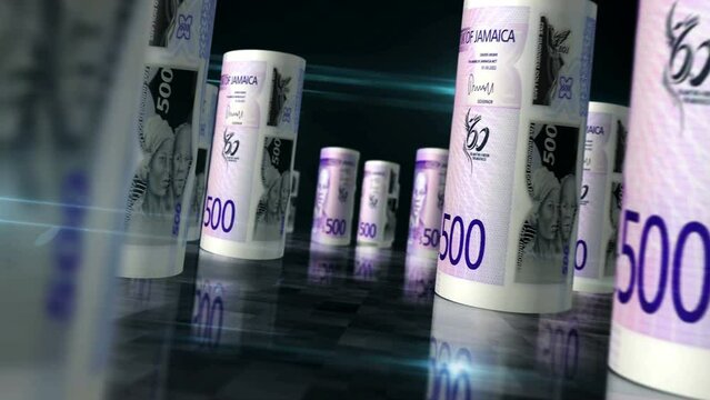 Jamaica money Jamaican Dollar rolls loop 3d animation. Money on the table. Seamless and loopable abstract concept of economy, finance, business and recession. Camera between JMD rolled banknotes.