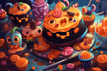 Obraz premium Cartoon halloween sweets and cakes. Generative AI.