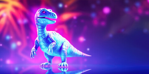 Dinosaurus neon background. Luminous phosphoric blue dinosaur on trendy neon background. Banner size, copy space