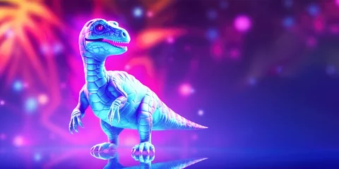 Fototapeten Dinosaurus neon background. Luminous phosphoric blue dinosaur on trendy neon background. Banner size, copy space © KRISTINA KUPTSEVICH