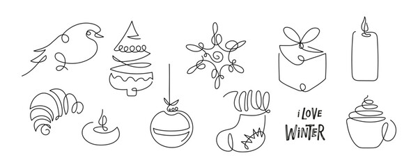 Winter set. Continuous one line drawing Christmas design elements. Simple modern symbol by one line for Winter holidays, merry christmas, happy new year decoration. Fashionable trend lineart vector
