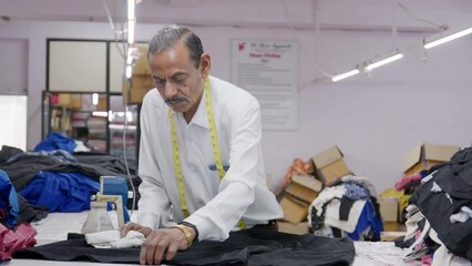 An Indian Asian middle aged male tailor is busy spraying water and cleaning a piece of cloth or fabric before ironing in an indoor textile company or small-scale workshop