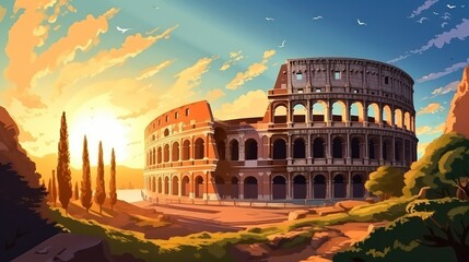 Colosseum Poster in the Morning with Sunrise Sky View generative ai