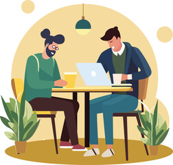 Vector illustration of office workers sitting at desks in flat design style