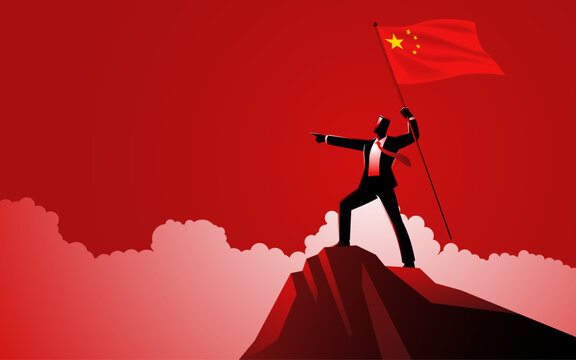 Businessman proudly stands at the summit of a mountain, holding the flag of China high, he points confidently towards the future, symbolising the nation's aspirations for progress and success