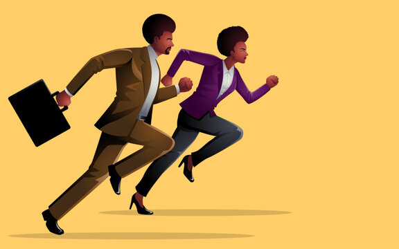 Sprinting towards success, afro businessman and businesswoman sprinting side by side, driven by a shared vision of their future goals. Ambition, teamwork, and the relentless pursuit of success concept