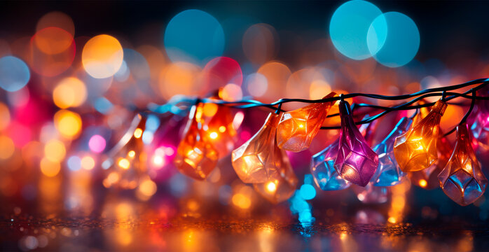 Festive bright colored Christmas garland on blurred bokeh background, New Year banner - AI generated image