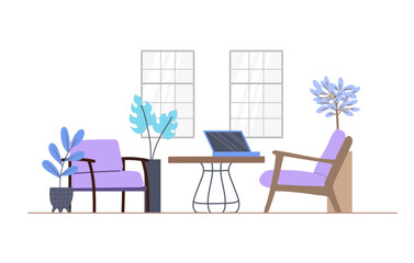 waiting cozy room design with violet chairs and coffee table. Flat interior illustration.