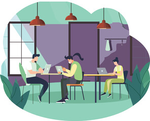 Vector illustration of office workers sitting at desks in flat design style