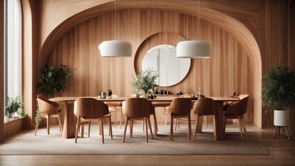 A dining room's minimalist décor features abstract wood paneling and an arched wall.