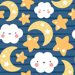 Moon, Sun, Cloud and Stars Cute Seamless Pattern, Cartoon Vector Illustration, Cute Kawaii Cartoon Drawn Background, Isolated Background
