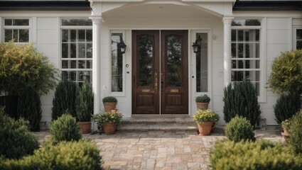 the home's main entrance Front entrance made of wood with landing and gable porch White columns and stone cladding decorate the exterior of this cottage.