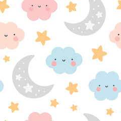 Moon, Sun, Cloud and Stars Cute Seamless Pattern, Cartoon Vector Illustration, Cute Kawaii Cartoon Drawn Background, Isolated Background - 647563145