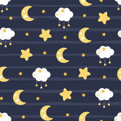 Moon, Sun, Cloud and Stars Cute Seamless Pattern, Cartoon Vector Illustration, Cute Kawaii Cartoon Drawn Background, Isolated Background - 647563180