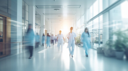 Blurred image of Hospital Lobby. Doctors, Nurses, Assistant Personnel and Patients Working and Walking in the Lobby of the Medical Facility - obrazy, fototapety, plakaty