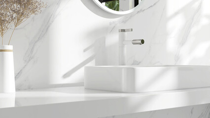 Vanity counter with white countertop, modern rectangle washbasin, flower bouquet in vase in marble...