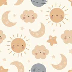 Moon, Sun, Cloud and Stars Cute Seamless Pattern, Cartoon Vector Illustration, Cute Kawaii Cartoon Drawn Background, Isolated Background