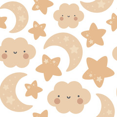 Moon, Sun, Cloud and Stars Cute Seamless Pattern, Cartoon Vector Illustration, Cute Kawaii Cartoon Drawn Background, Isolated Background