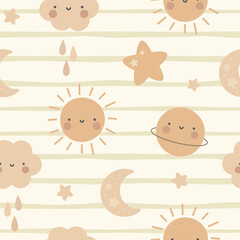 Moon, Sun, Cloud and Stars Cute Seamless Pattern, Cartoon Vector Illustration, Cute Kawaii Cartoon Drawn Background, Isolated Background