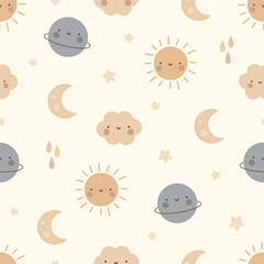 Moon, Sun, Cloud and Stars Cute Seamless Pattern, Cartoon Vector Illustration, Cute Kawaii Cartoon Drawn Background, Isolated Background