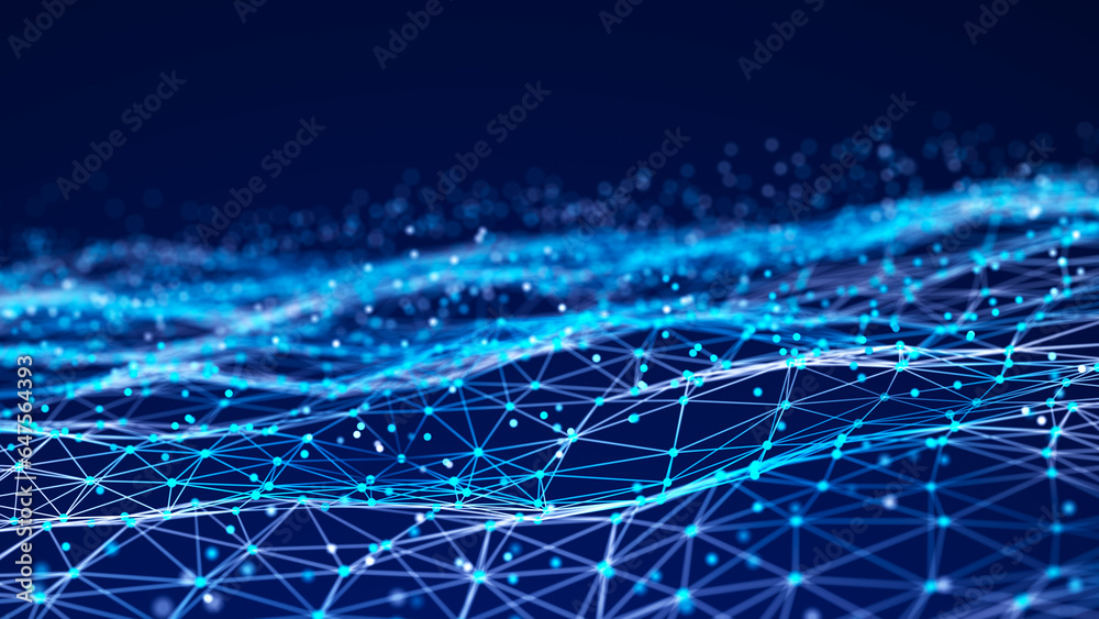 Poster sci-fi background. digital wave with many particles. template for festive presentation. 3d rendering