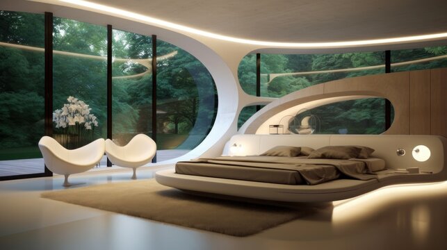 Futuristic bedroom, outside a garden