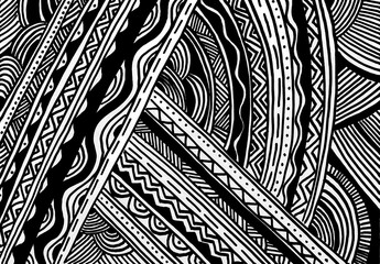 Abstract monochrome background. Filled with ornament in doodle style. Lines, zigzags, waves, dots and other geometric elements. Black on a white background.
