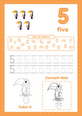 Activity page for preschool kids. Educational worksheets with exercises. Trace, color, dot to dot on one page. Learning number 5.