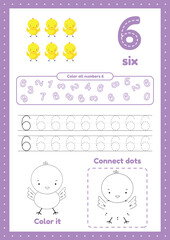 Trace, color, dot to dot. Exercises for preschool kids. Activity worksheets for children.  Learning numbers. Number 6..