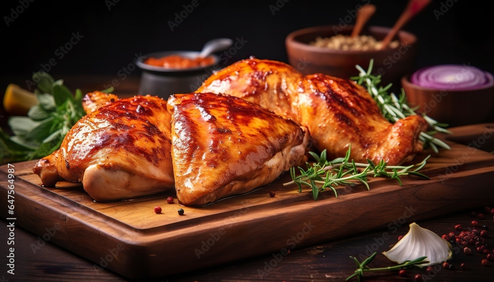 Wall mural closeup of tasty roast chicken breast served on wooden board. grilled chicken.