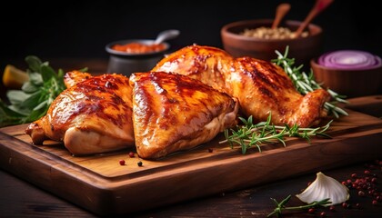 Closeup of tasty roast chicken breast served on wooden board. Grilled chicken.