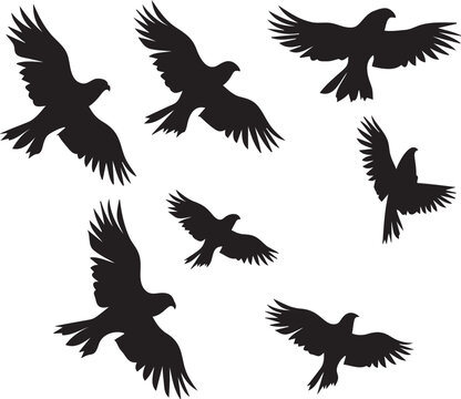 Set of silhouettes of birds flock