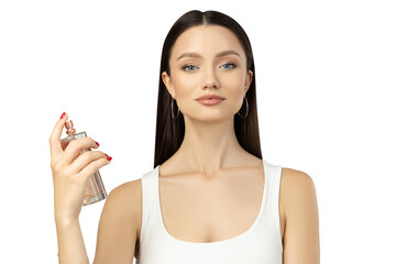 PNG,attractive young girl with perfume in her hand, isolated on white background